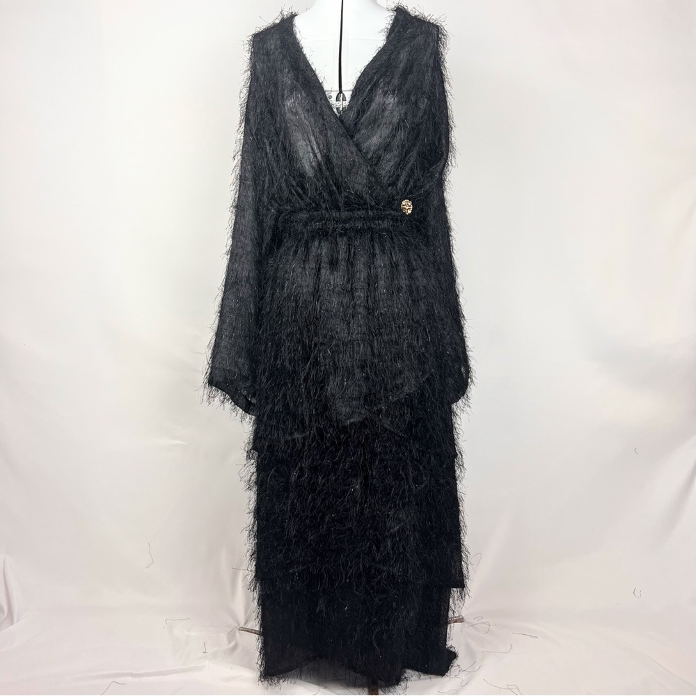 Vintage Hosanna Design Black 2 Piece Fringed Formal Maxi Dress Size 3X